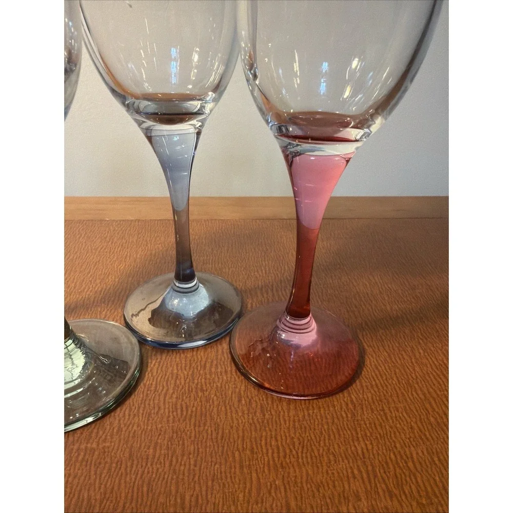 Vtg Champagne Toasting Flutes Colored Iridescent Stem Gold Trim Wedding Set Of 4